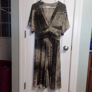 Dressbarn Black Cream Tan Vintage Patterned Midi Dress 12 Event Retro